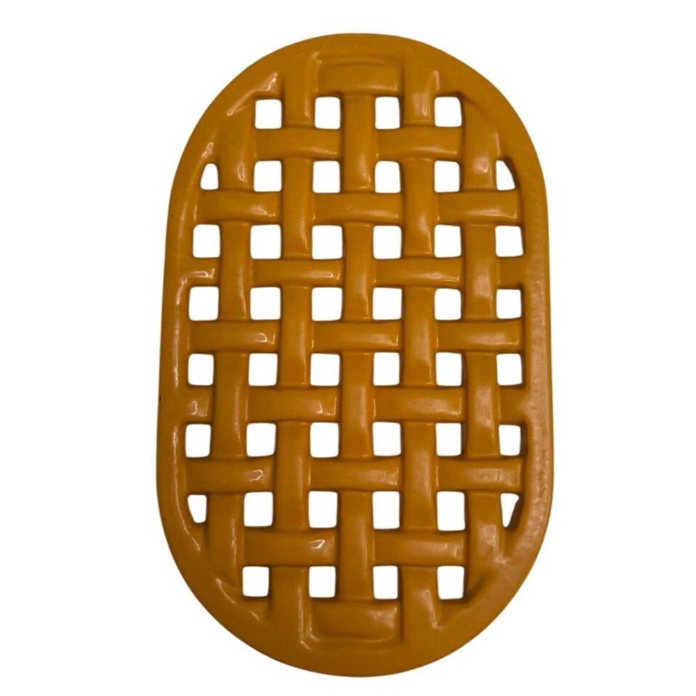 Vintage Basket Weave Cast Iron Footed Trivet Enamel Yellow Fall Thanksgiving